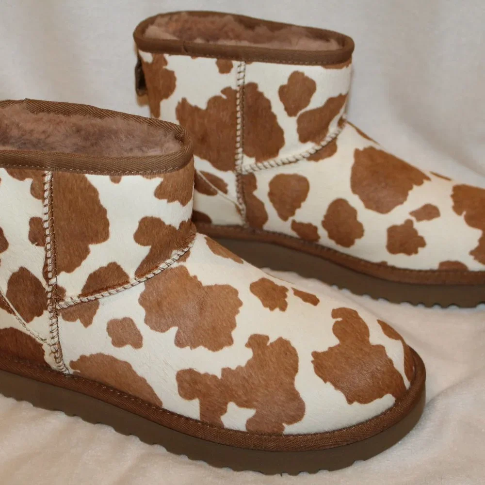 NIB‎ UGG WOMEN'S CALF HAIR PRINT MINI ANKLE BOOTS SAND WHITE
